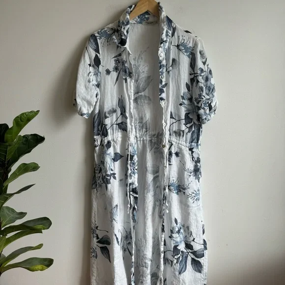Lungo L'arno Linen Blue Floral Dress Size M With Pockets Midi Made in Italy - Picture 4 of 15